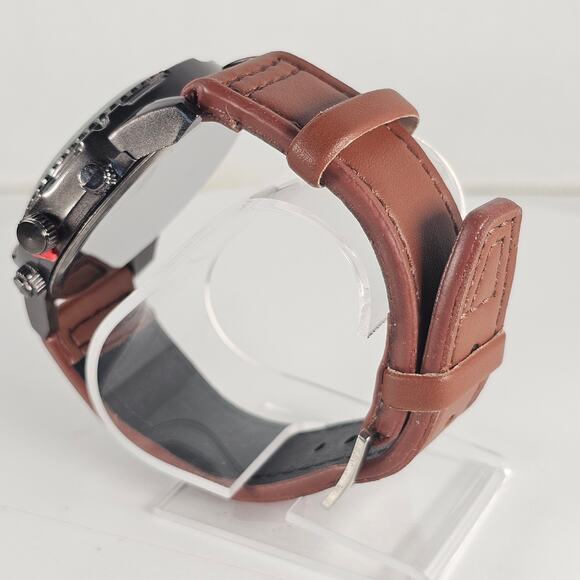 Raglan Men's Quartz Watch Black Dial Brown Band 43.9mm Case Chrono Look NEW - Picture 4 of 13